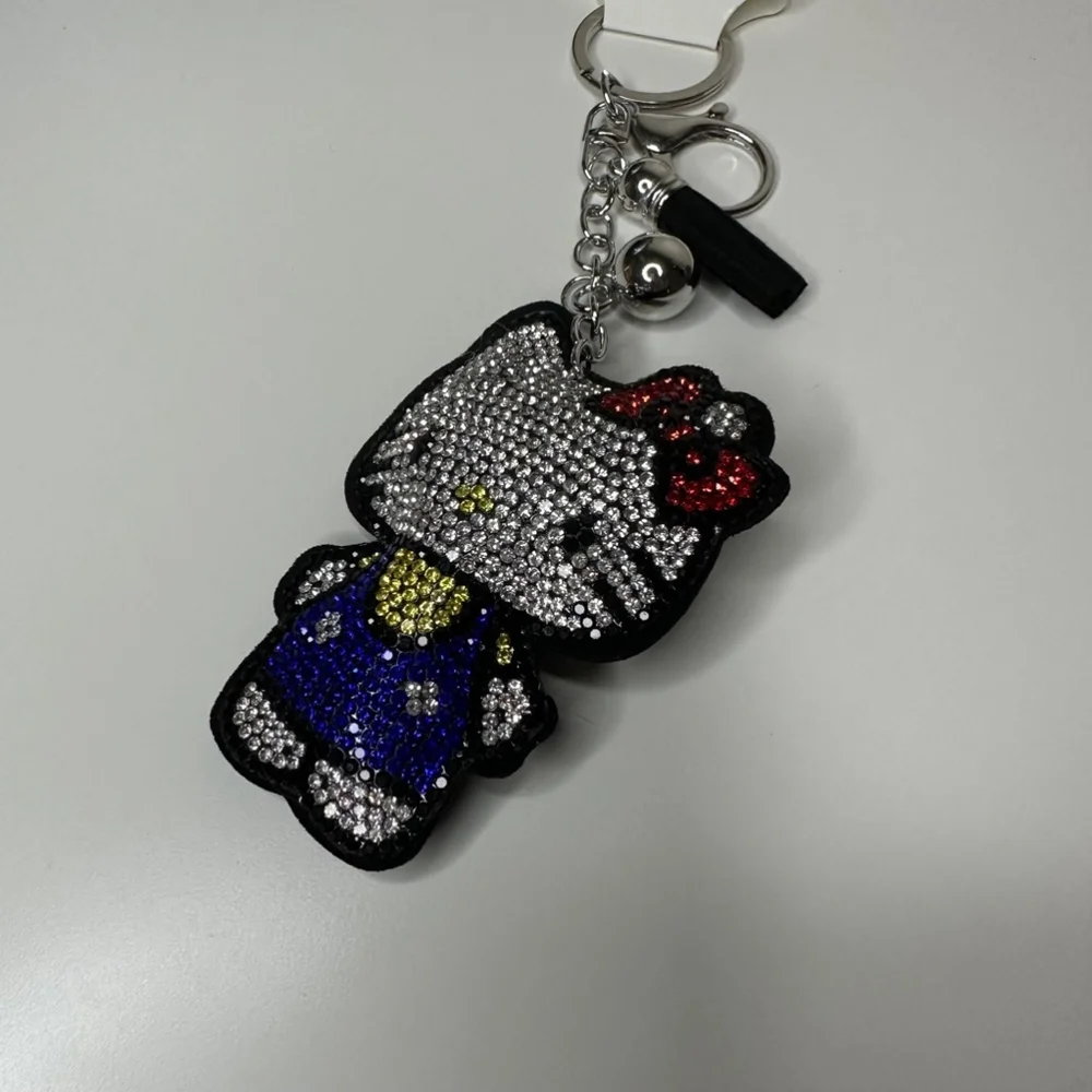 NWT Rhinestone Hello Kitty Keychain Bag Charm Black Vegan Suede